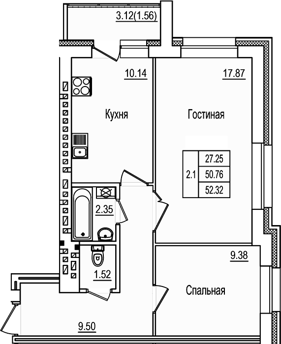 Планировка — DOLCE VITA, 2-комн., 51 м²