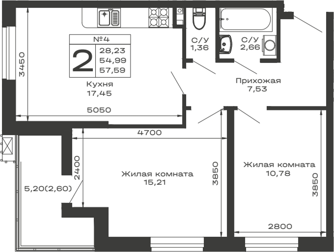 Планировка — Долина, 2-комн., 55 м²