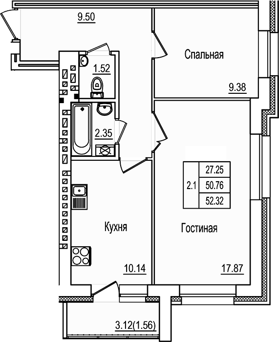 Планировка — DOLCE VITA, 2-комн., 51 м²