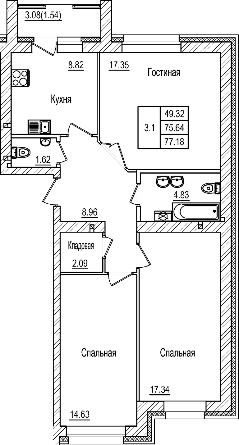 Планировка — DOLCE VITA, 3-комн., 76 м²