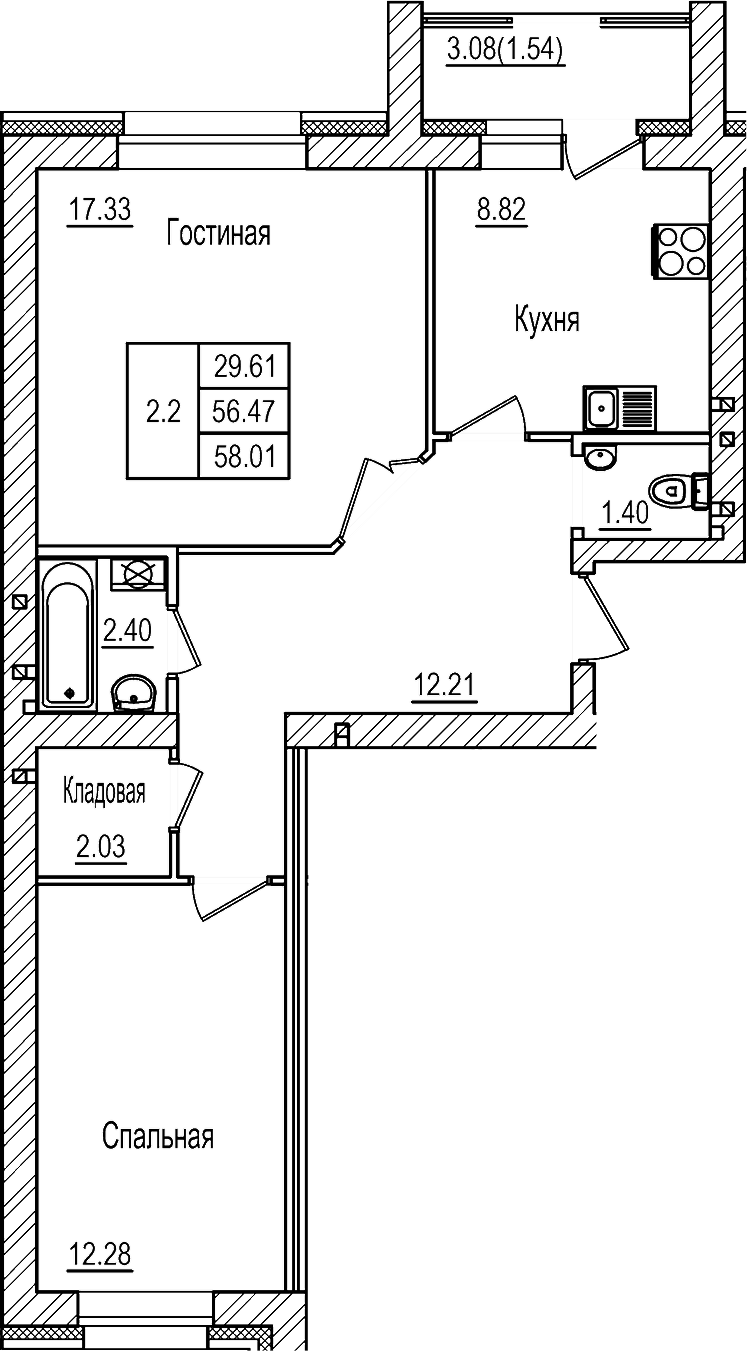 Планировка — DOLCE VITA, 2-комн., 56 м²