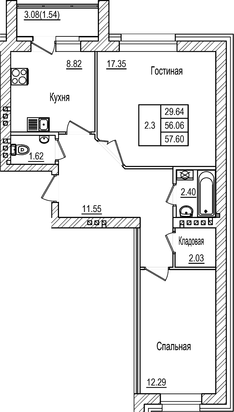 Планировка — DOLCE VITA, 2-комн., 56 м²