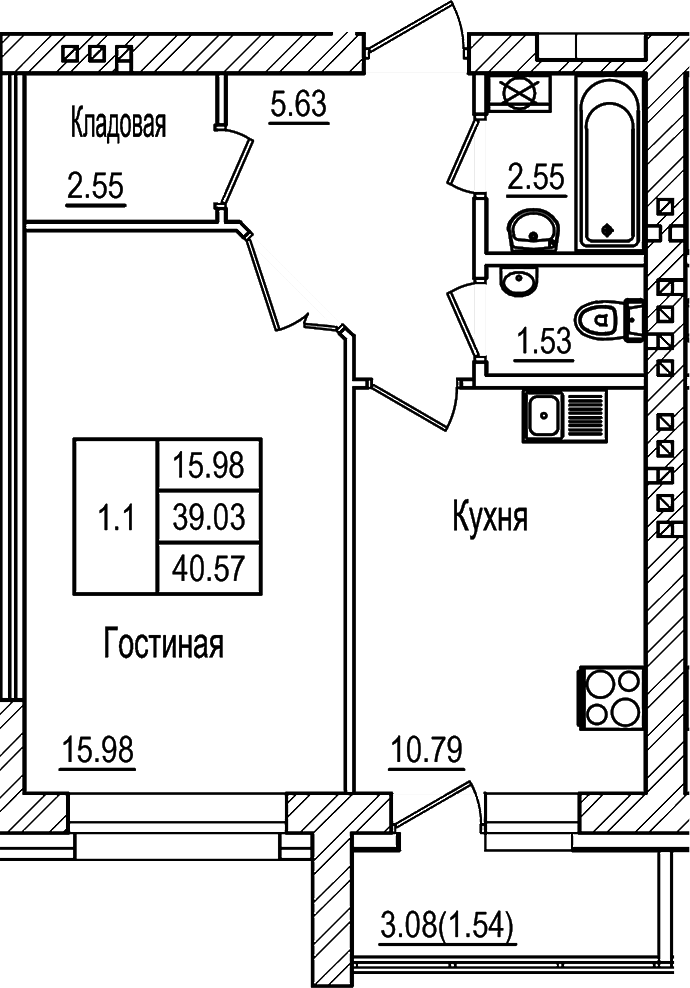 Планировка — DOLCE VITA, 1-комн., 39 м²