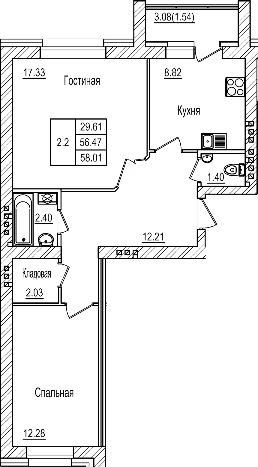 Планировка — DOLCE VITA, 2-комн., 56 м²