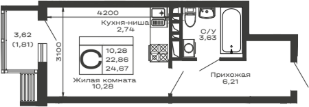 Планировка — Долина, Студия, 23 м²