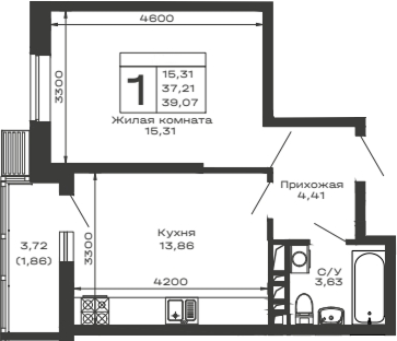 Планировка — Долина, 1-комн., 37 м²