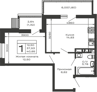 Планировка — Долина, 1-комн., 38 м²