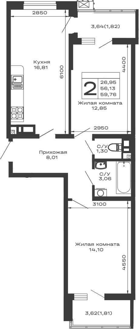 Планировка — Долина, 2-комн., 56 м²