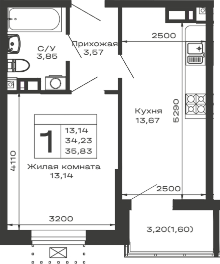 Планировка — Долина, 1-комн., 34 м²