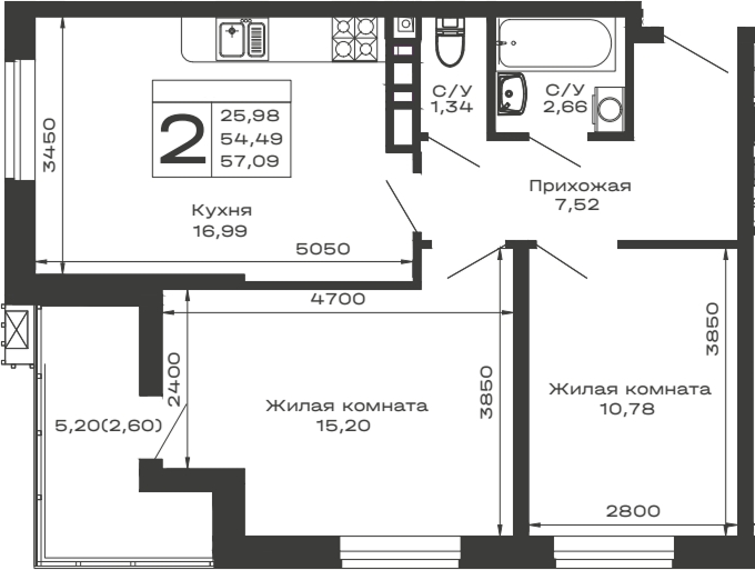Планировка — Долина, 2-комн., 54 м²