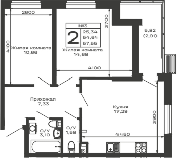 Планировка — Долина, 2-комн., 55 м²