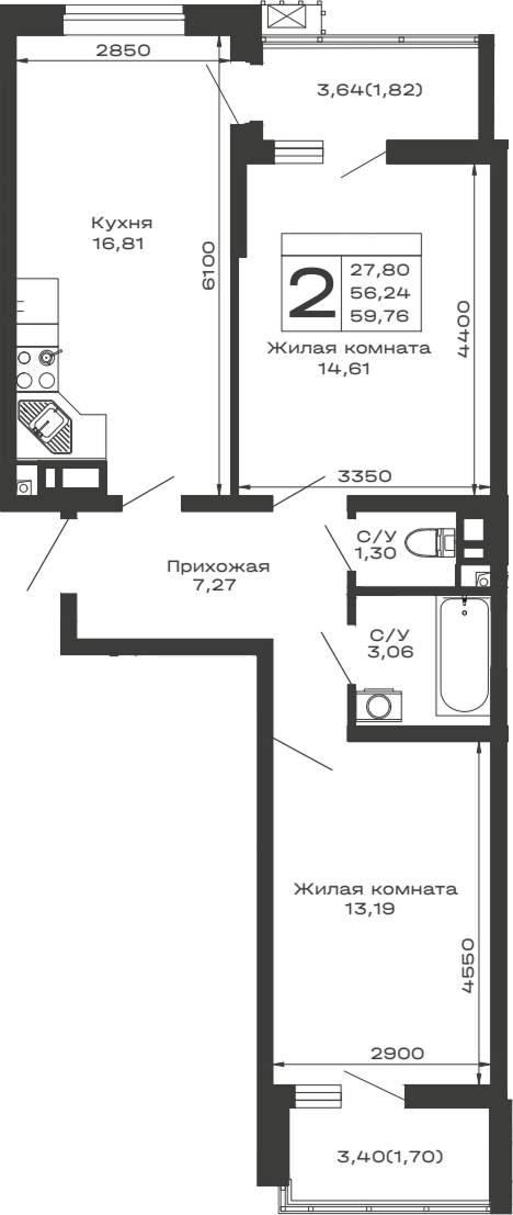 Планировка — Долина, 2-комн., 56 м²
