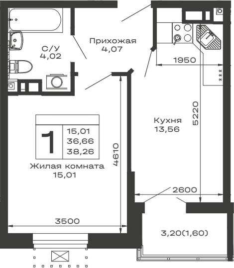 Планировка — Долина, 1-комн., 37 м²