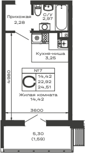 Планировка — Долина, Студия, 23 м²