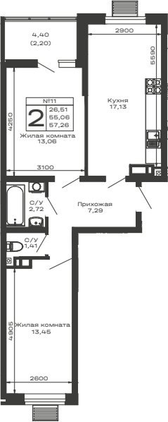 Планировка — Долина, 2-комн., 55 м²