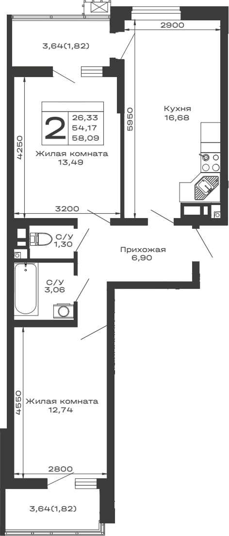 Планировка — Долина, 2-комн., 54 м²