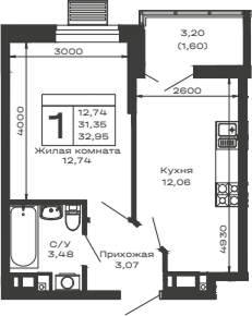 Планировка — Долина, 1-комн., 31 м²