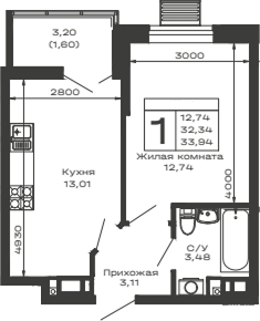 Планировка — Долина, 1-комн., 32 м²
