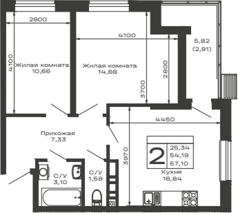 Планировка — Долина, 2-комн., 54 м²
