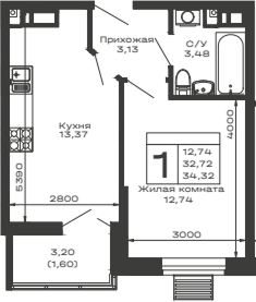 Планировка — Долина, 1-комн., 33 м²