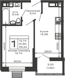 Планировка — Долина, 1-комн., 32 м²