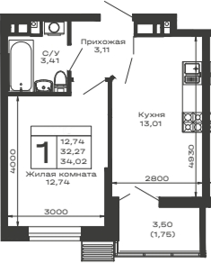 Планировка — Долина, 1-комн., 32 м²