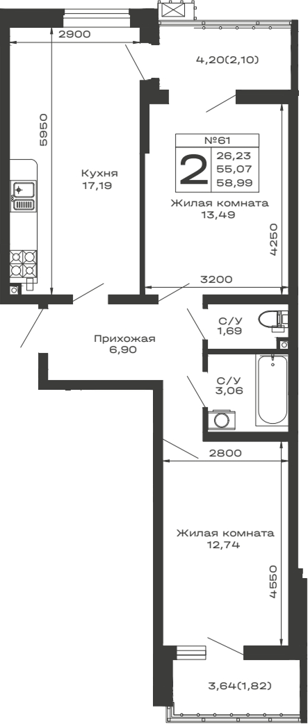 Планировка — Долина, 2-комн., 55 м²