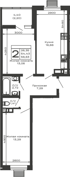 Планировка — Долина, 2-комн., 54 м²