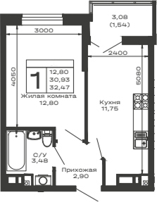 Планировка — Долина, 1-комн., 31 м²