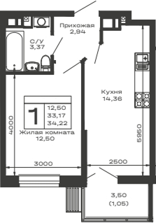 Планировка — Долина, 1-комн., 33 м²