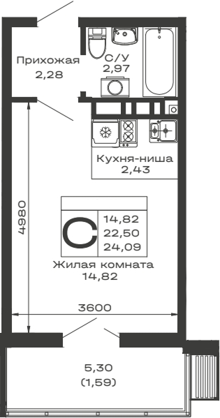 Планировка — Долина, Студия, 23 м²