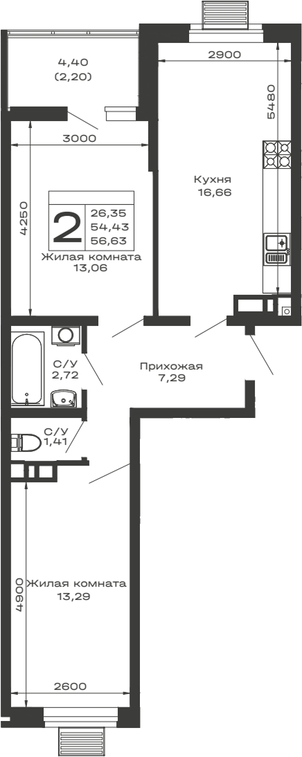 Планировка — Долина, 2-комн., 54 м²