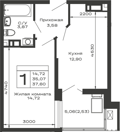 Планировка — Долина, 1-комн., 35 м²