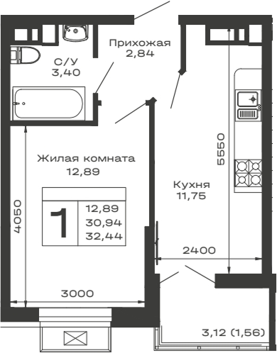 Планировка — Долина, 1-комн., 31 м²