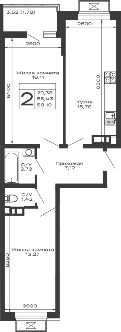Планировка — Долина, 2-комн., 56 м²