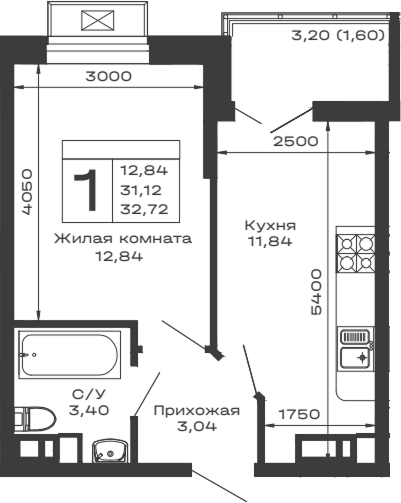 Планировка — Долина, 1-комн., 31 м²