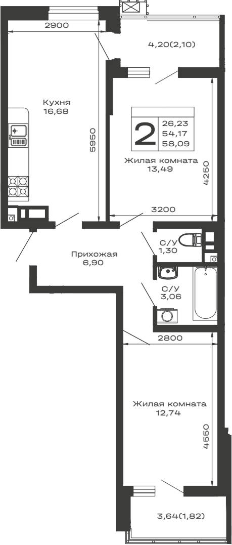 Планировка — Долина, 2-комн., 54 м²