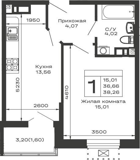 Планировка — Долина, 1-комн., 37 м²