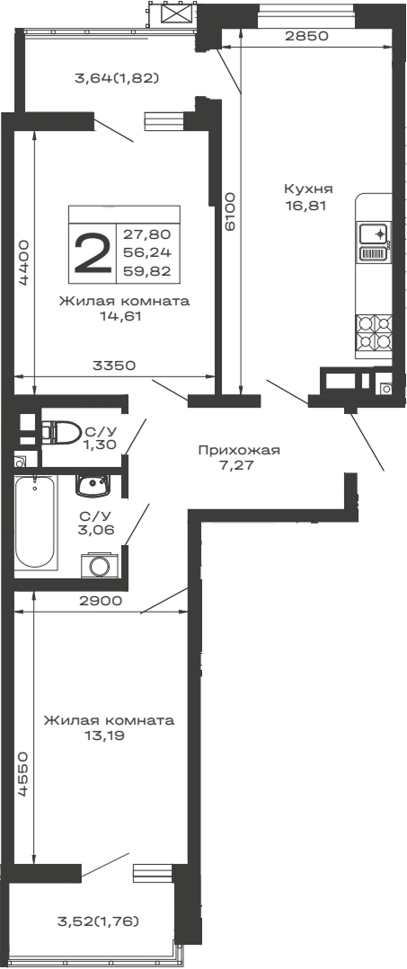 Планировка — Долина, 2-комн., 56 м²