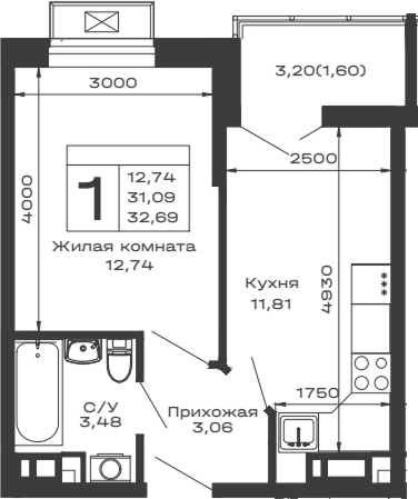 Планировка — Долина, 1-комн., 31 м²