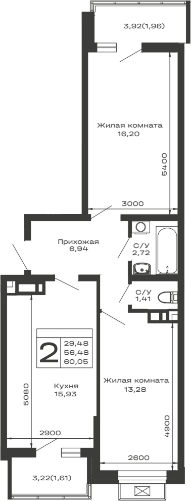Планировка — Долина, 2-комн., 56 м²