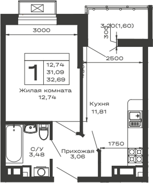 Планировка — Долина, 1-комн., 31 м²