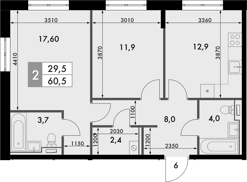 Планировка — Фриссон, 2-комн., 61 м²