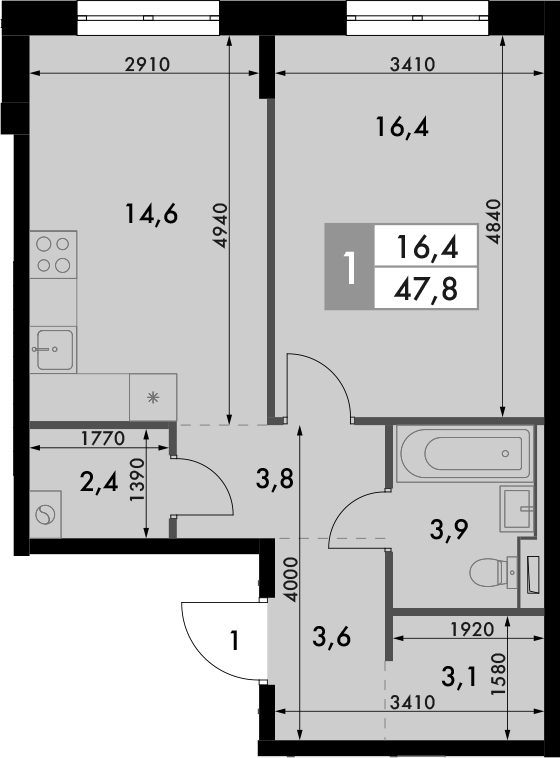 Планировка — Фриссон, 1-комн., 48 м²