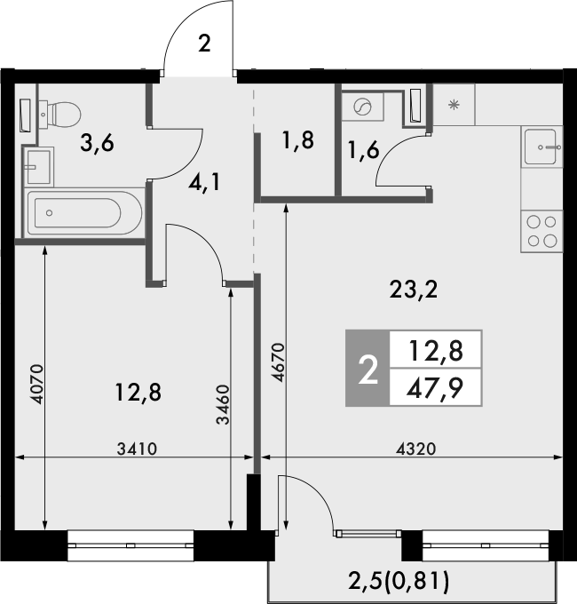 Планировка — Фриссон, 1-комн., 47 м²