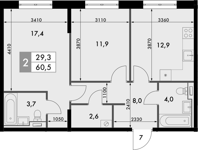 Планировка — Фриссон, 2-комн., 61 м²