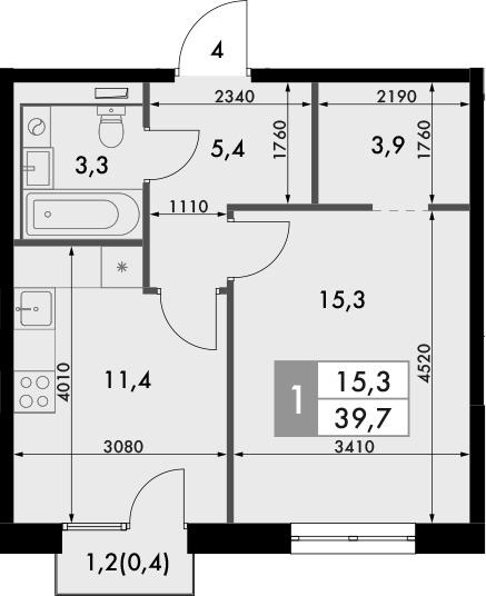 Планировка — Фриссон, 1-комн., 39 м²