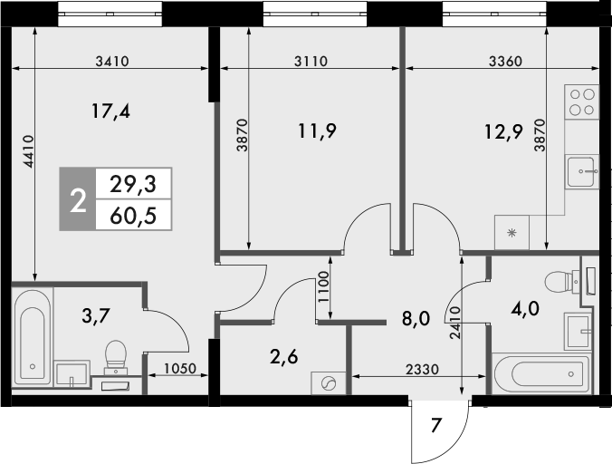Планировка — Фриссон, 2-комн., 61 м²