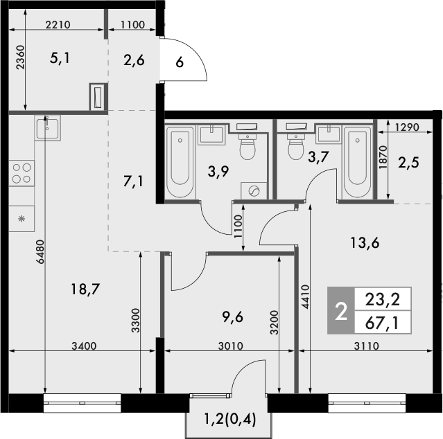 Планировка — Фриссон, 2-комн., 67 м²