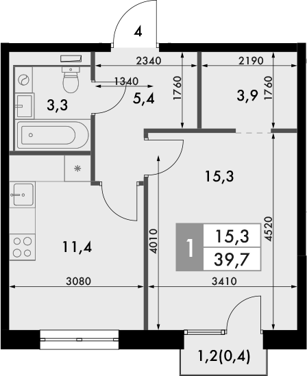 Планировка — Фриссон, 1-комн., 39 м²